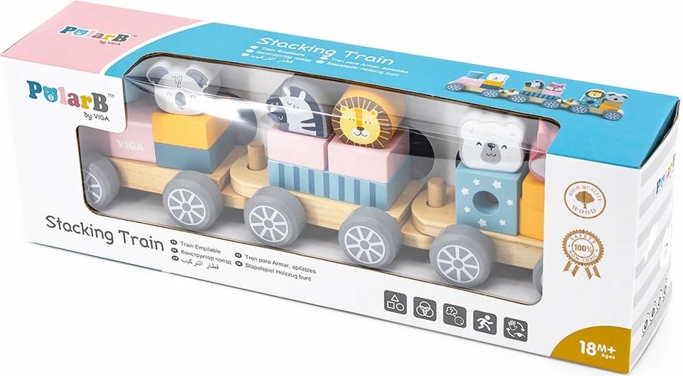 tren druri me kafshë, Viga PolarB, 3 vagona me blloqe, 33 cm, për 18+ muaj, multingjyrësh, set