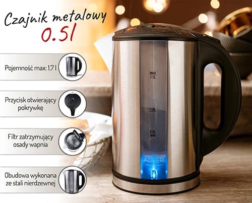 Zierëse uji elektrike, Adler, AD 1216, 1.7 L, 1850-2200 W, inox