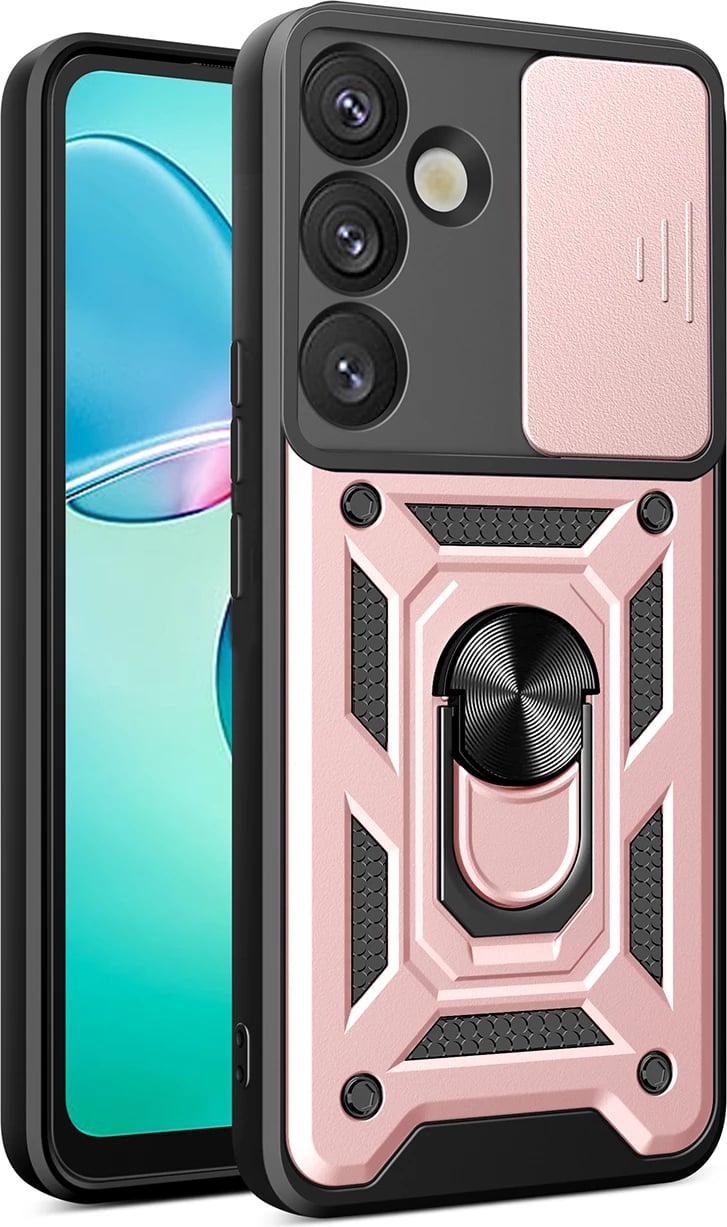 Mbështjellës Hurtel Hybrid Armor Camshield me kapak kamere dhe unazë metalike për Samsung Galaxy S25+, Rozë