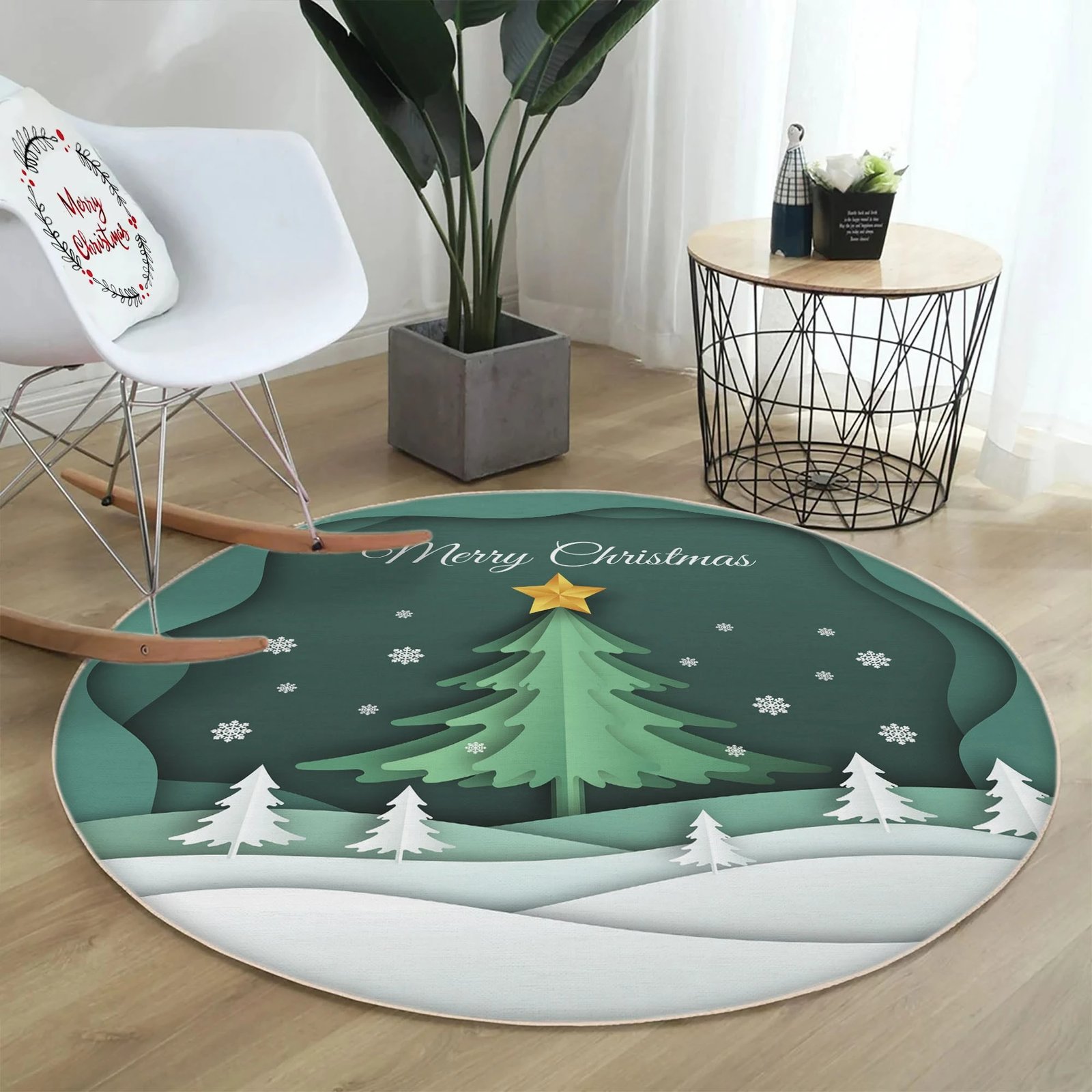 Qilim i rrumbullakët, ngjyrë e gjelbër dhe e bardhë, dizajn Krishtlindjesh, 90 cm, Conceptum Hypnose, Woopamuk465