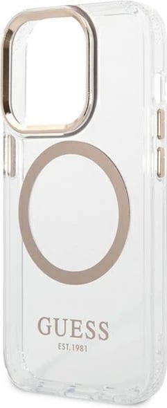 Mbështjellës Guess GUHMP14LHTRMD për iPhone 14 Pro 6.1", Metal Outline Magsafe, Transparent/Gold