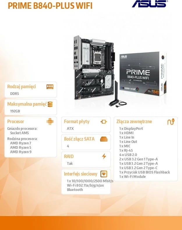 Pllakë amë Asus PRIME B840-PLUS WIFI, Socket AM5, DDR5, ATX, WiFi