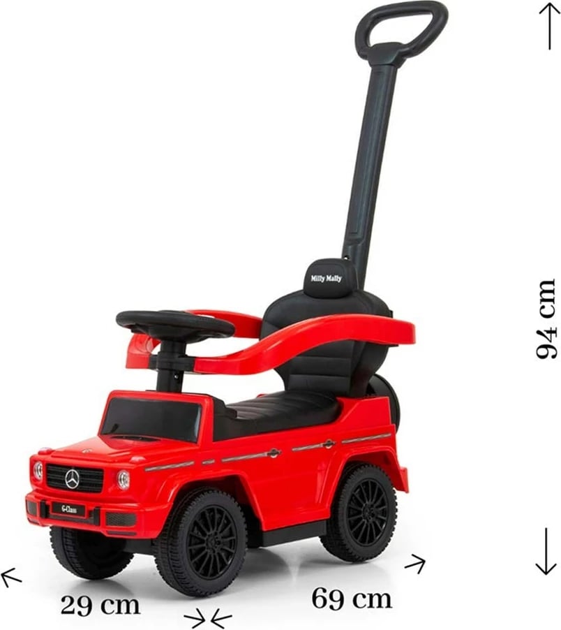 makinë ride-on me guidë, Milly Mally Mercedes G350d, 12–36 muaj, deri 25 kg, tinguj me 2xAA, sedilje me hapësirë poshtë, e kuqe
