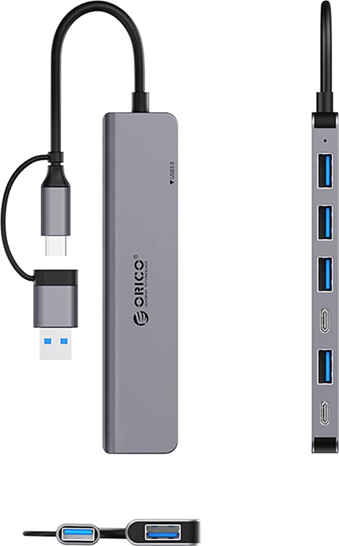 Kasë Orico YSA7-U3, 7 porta USB (4x USB-A 2.0, 1x USB-A 3.0, 2x USB-C 2.0), Gri