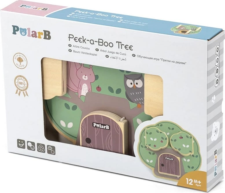 Dërrasë manipulative druri, Viga (PolarB), formë peme, 3 dyer me kafshë, 172x40x252 mm, 12M+, multingjyrëshe