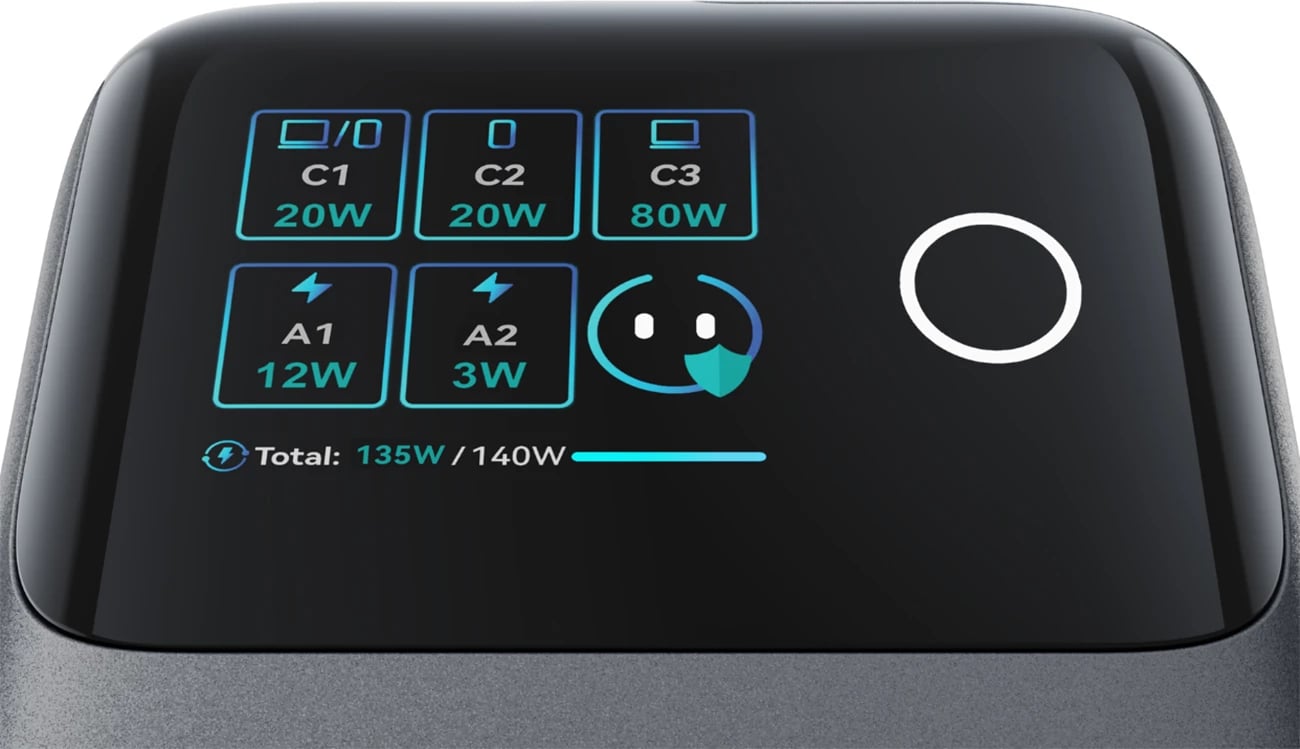 Karikues tavoline GaN, Joyroom Podix JR-TRD01, 140W, 5 porta me dy kabllo USB-C tërheqëse, gri