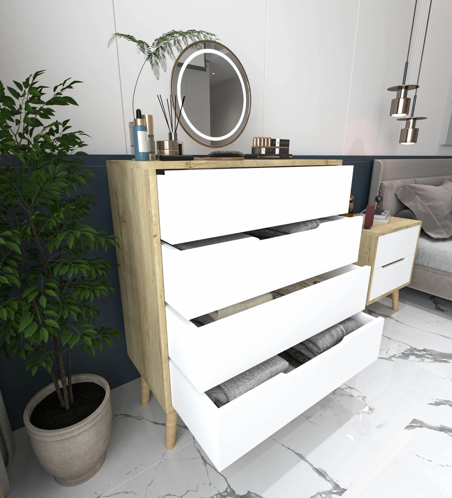 Komodë Skye Decor, ngjyrë lisi Sapphire, e bardhë