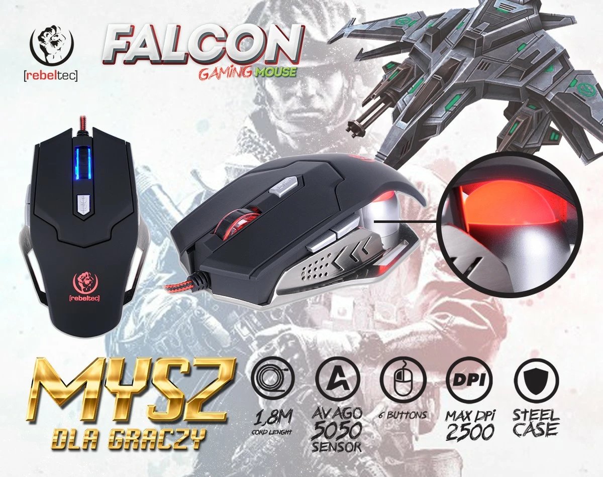 Maus gaming Rebeltec FALCON, 6 butona, 2500 DPI, metal, i zi