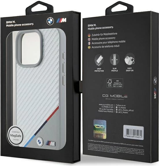 Mbështjellës BMW M Carbon Tricolor Line MagSafe për iPhone 16 Pro, Gri