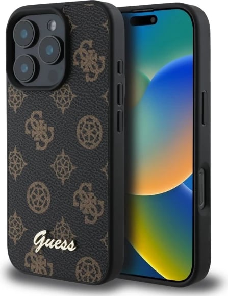 Mbështjellës Guess Peony Script MagSafe për iPhone 16 Pro Max, i zi