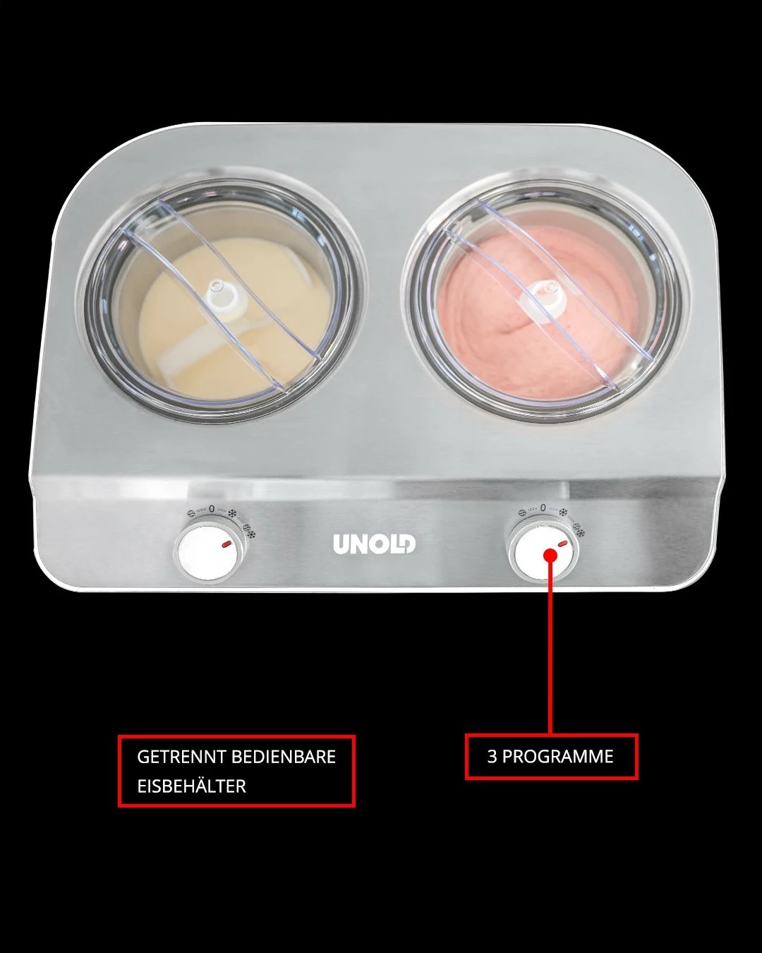 Makine akullore Unold Doppio, 2.4L, 2 tasa, kompresor, çelik inox, e bardhë