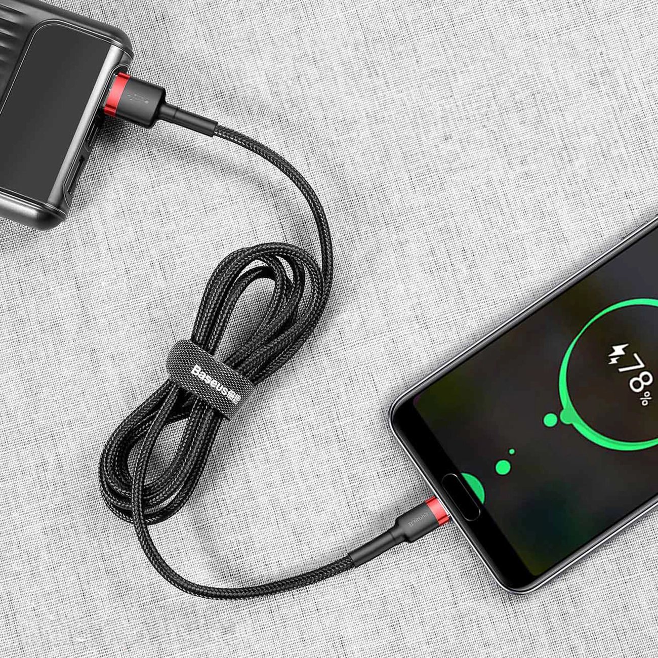 Kabllo Baseus Cafule CATKLF-A91 USB-A në USB-C, 0.5m, 3A, QC 3.0, e zezë dhe e kuqe