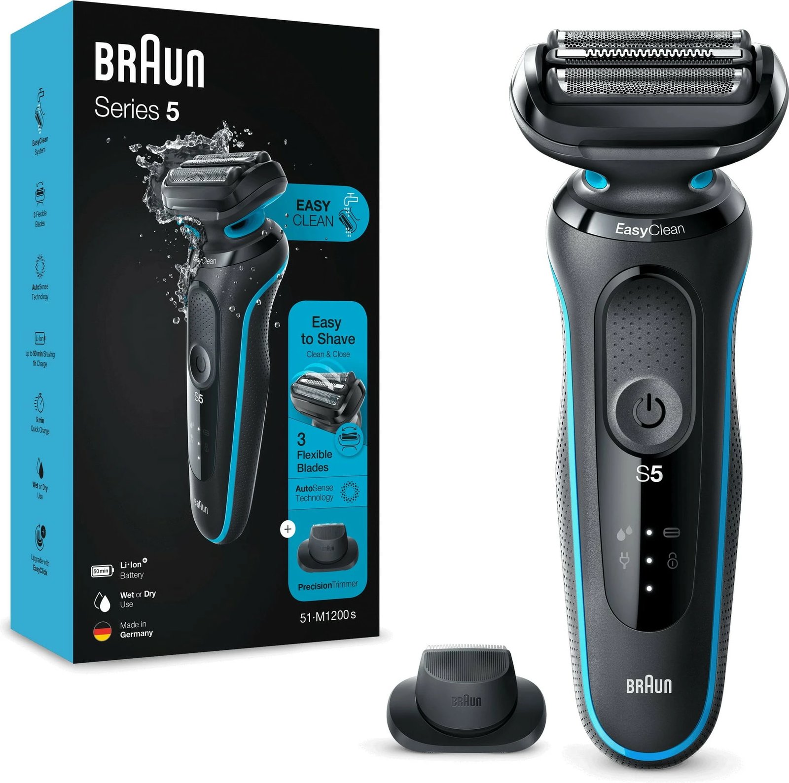 Makinë rroje Braun Series 5 51-M1200s, Foil shaver, AutoSense, Butona, Bateri, E zezë, Blu