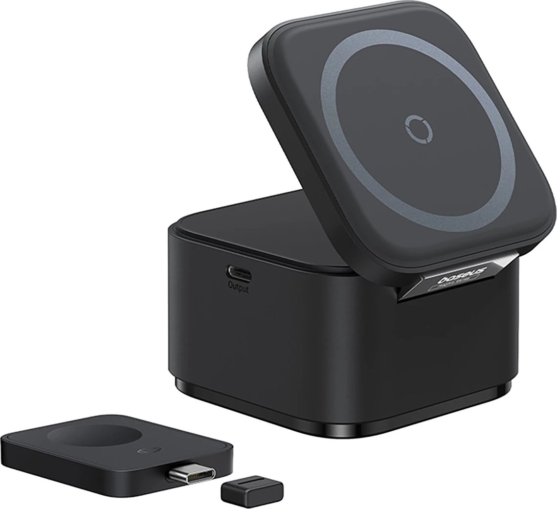 Karikues wireless 3-në-1 Baseus MagPro, 25W, MagSafe, për telefon, kufje e smartwatch, i zi
