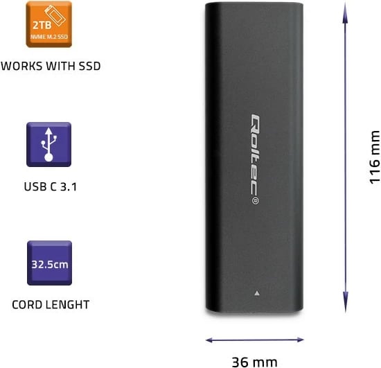 Kasë Qoltec 50312 për SSD M.2 NVMe, USB Type-C, alumini, grafit