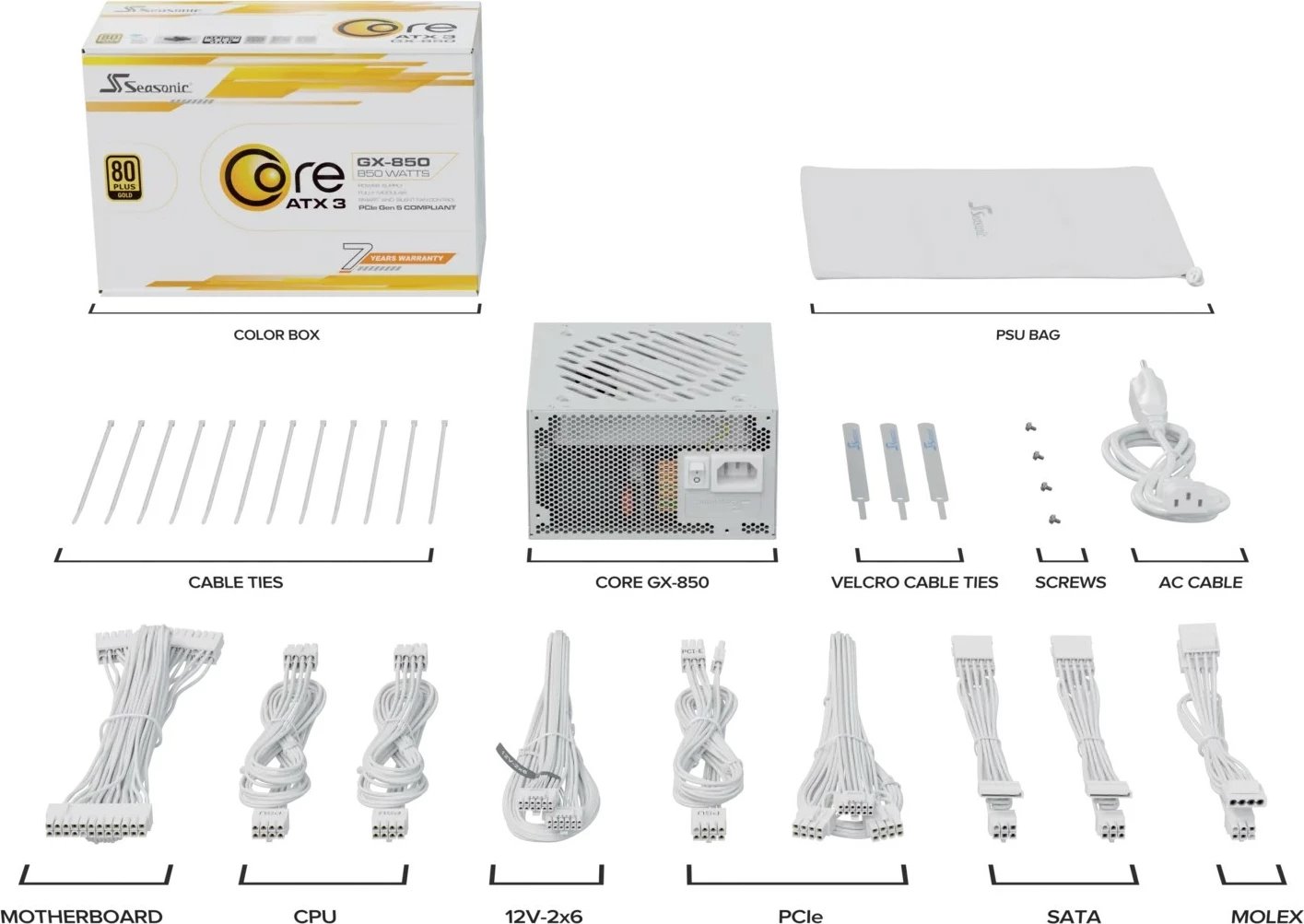 Furnizues energjie Sea Sonic Core SRP-CGX851-A5A32SF-W, 850W, ATX 3.1, 80 Plus Gold, bardhë