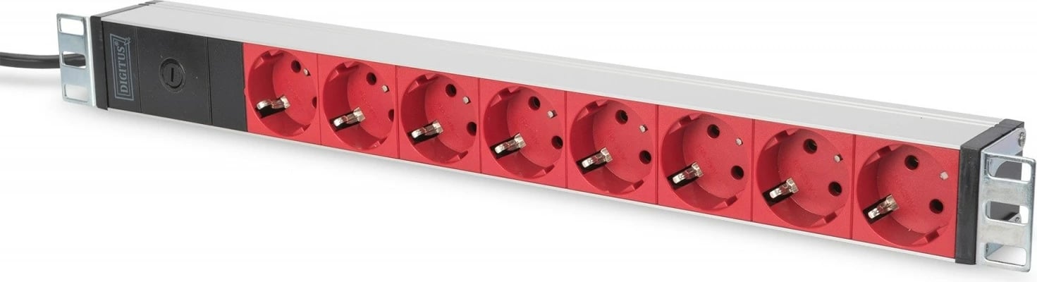 Prizë rack Digitus DN-95410-R, 8x Schuko, 1U, 2m, C14, Alumini, E zezë/e kuqe