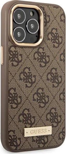 Mbështjellës Guess GUHMP14LU4GPRW për iPhone 14 Pro 6.1", 4G Logo Plate MagSafe, Kafe