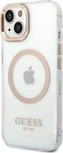 Mbështjellës Guess GUHMP14SHTRMD për iPhone 14 6.1", Metal Outline Magsafe, Transparent/Gold