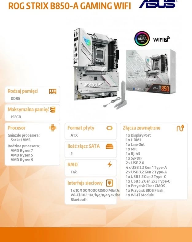 Pllakë amë Asus ROG STRIX B850-A GAMING WIFI, Socket AM5, ATX, WiFi 7, e bardhë Pllakë amë Asus ROG STRIX B850-A GAMING WIFI, Socket AM5, ATX, WiFi 7, e bardhë