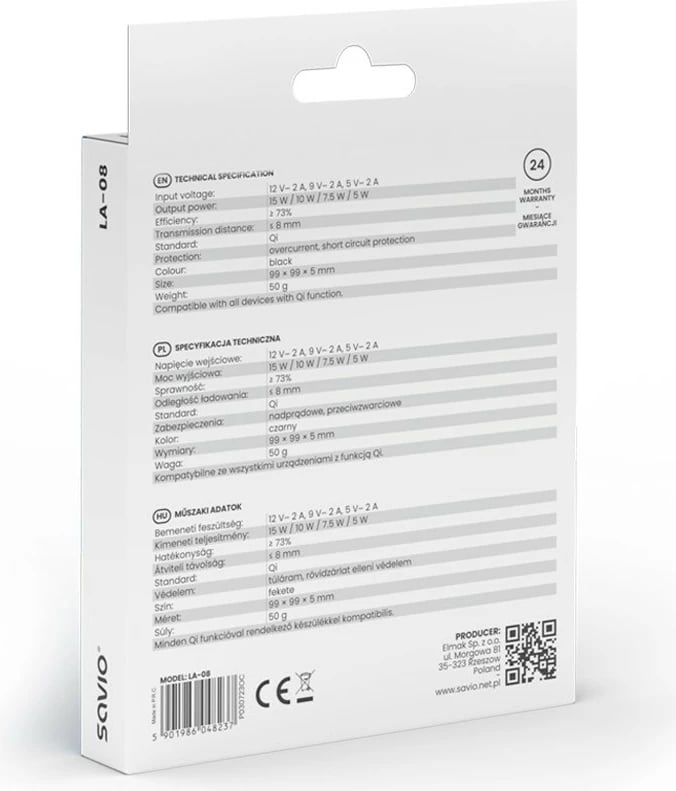 Karikues wireless Savio LA-08, 15W, USB-C, Qi, i zi