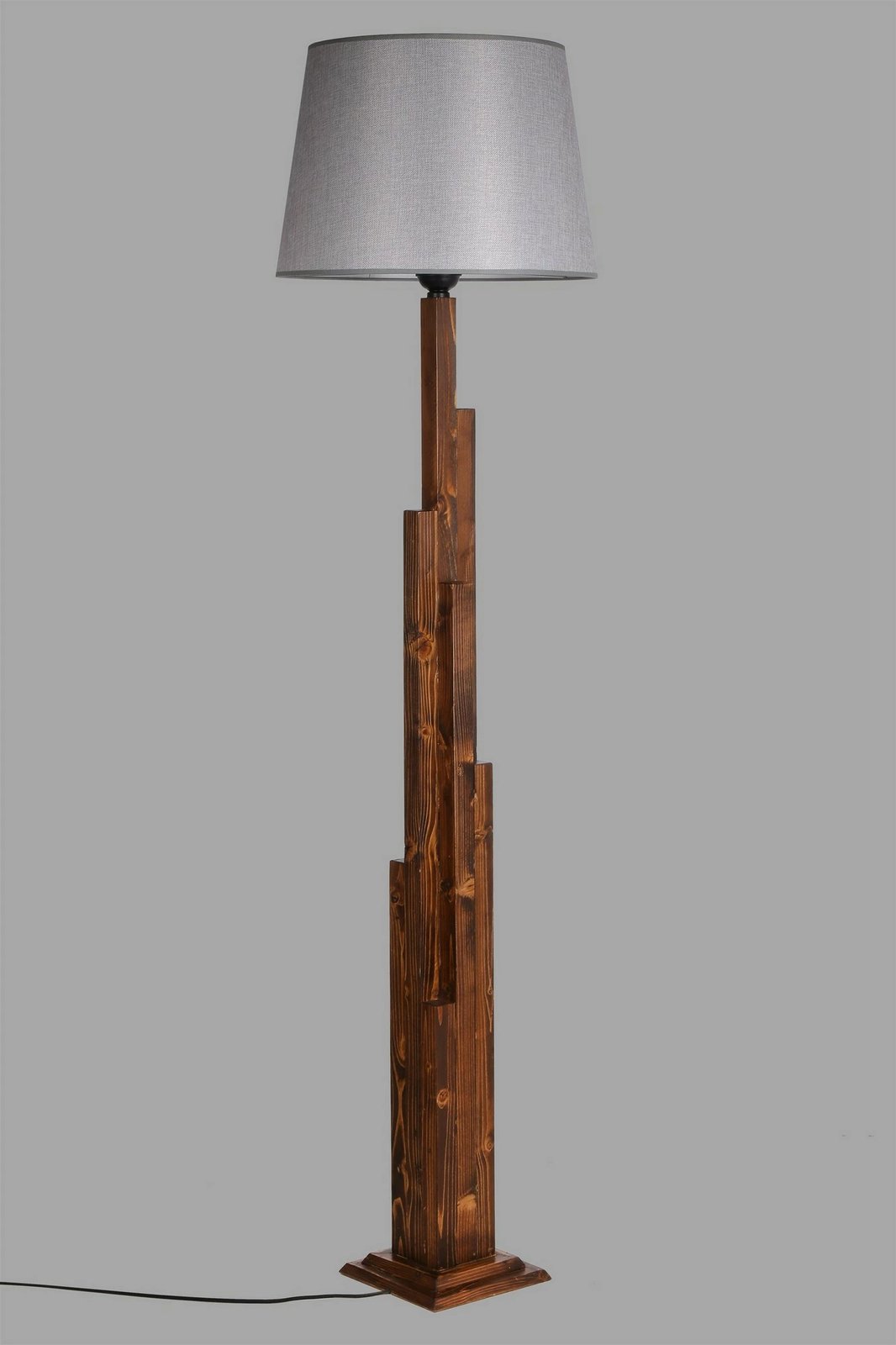 Llambë dyshemeje Opviq, trup druri ngjyrë arre, abazhuri gri, model Pramit