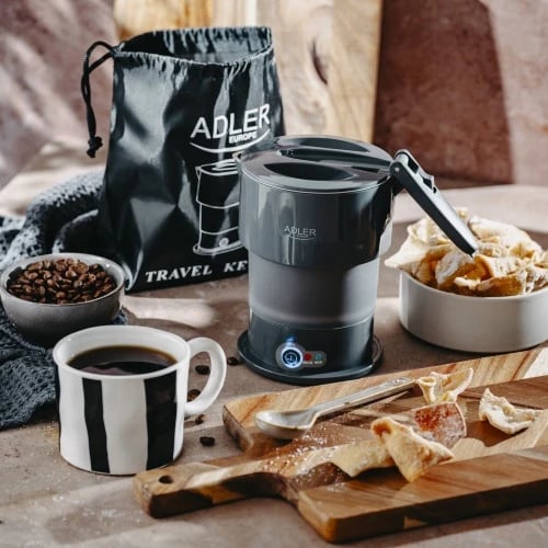 Çajnik elektrik udhëtimi, Adler, AD 1377, 0.6 L, 600 W, trup silikon i palosshëm, funksion mbajtje ngrohtë, kabllo e shkëputshme, gri