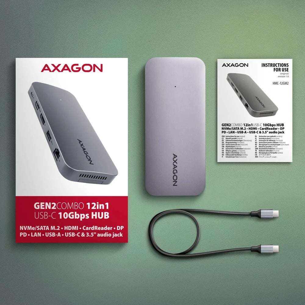 Kasë multiport AXAGON HMC-12GM2 12in1 me slot M.2 NVMe/SATA, 10Gbps, 3x USB-A, USB-C, HDMI 4K/60Hz, DP 4K/60Hz, GLAN, SD/microSD, audio, PD 100W, 50cm, Gri