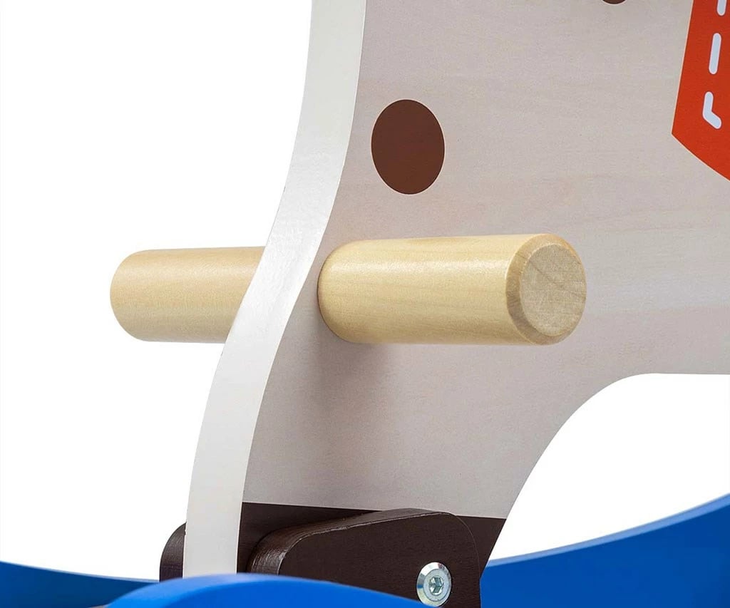 kalë luhatëse druri, Milly Mally Lucky 12, me mbështetëse shpine dhe barriera të heqshme, për fëmijë 12–36 muaj, ngjyrë blu-kuqe