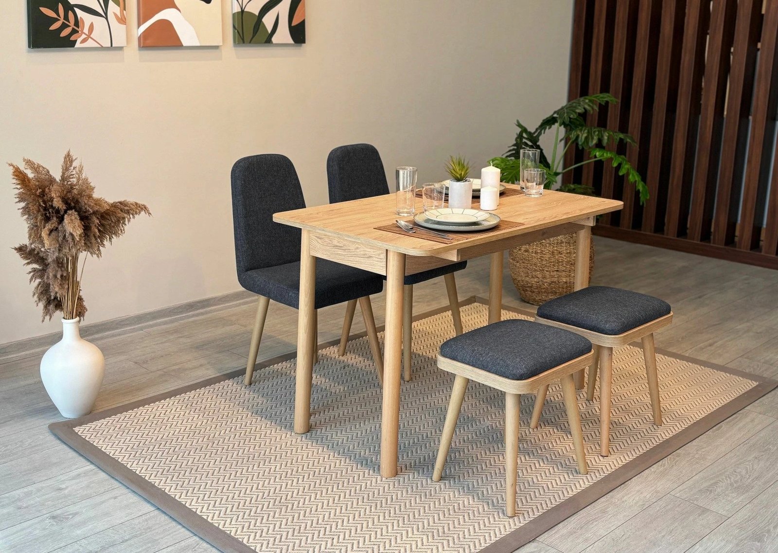 Tavolinë me karrige, set 5 pjesësh, ngjyrë lis dhe antracit, Skye Decor, Vina Mini 02 1053