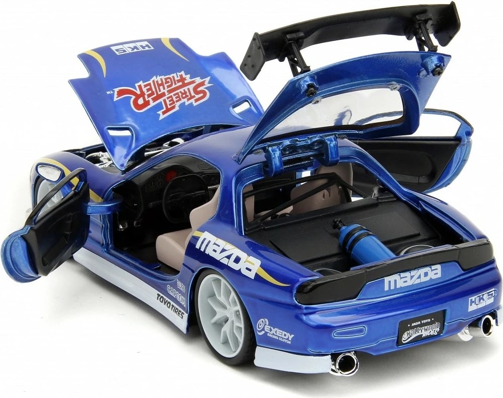 Model makine JADA TOYS Street Fighter 1993 Mazda RX7 1:24 me figurë Chun-Li, Blu, set