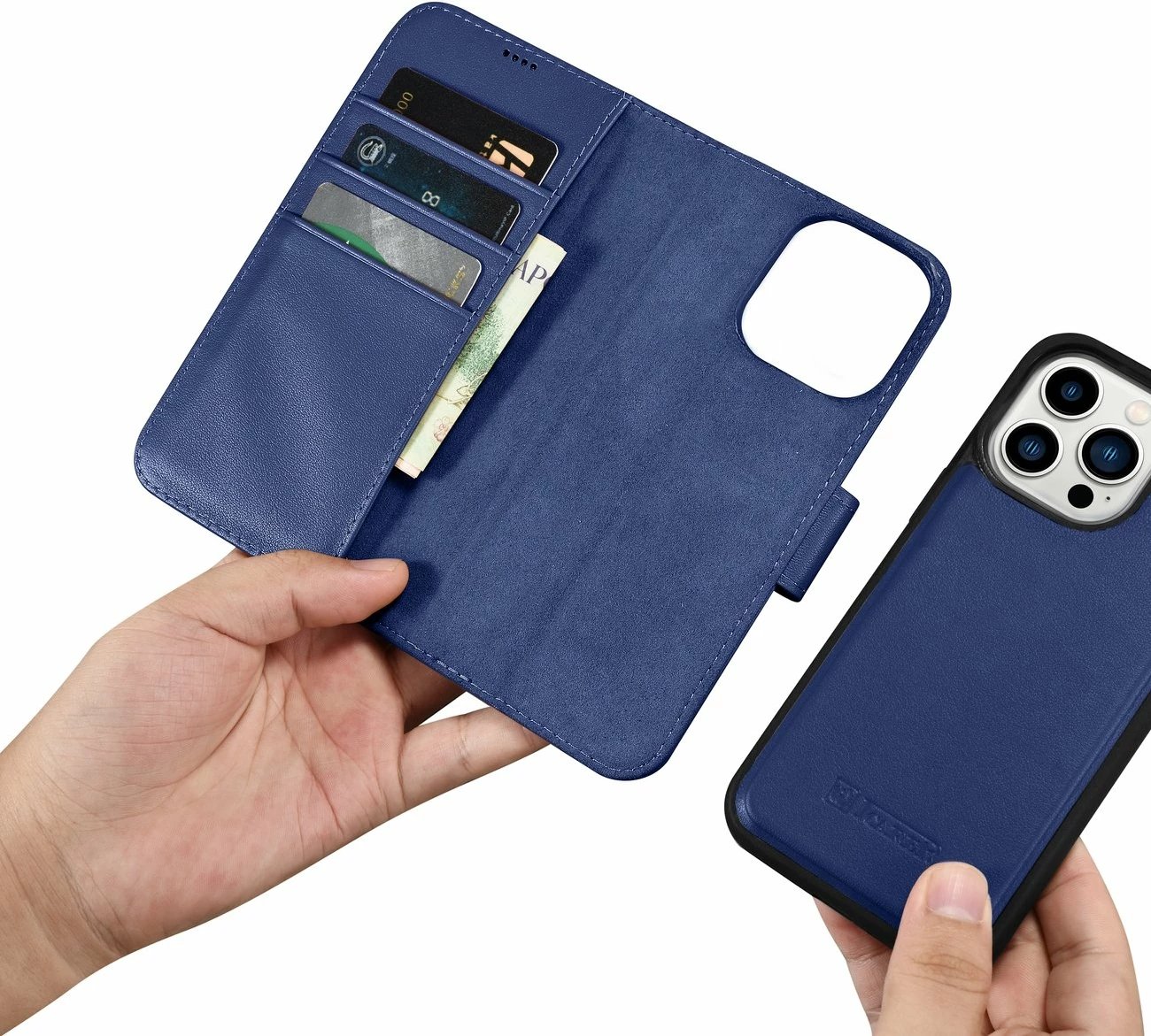 Mbështjellës iCarer Wallet Case 2in1 për iPhone 14 Pro, lëkurë natyrale, Anti-RFID, Blu