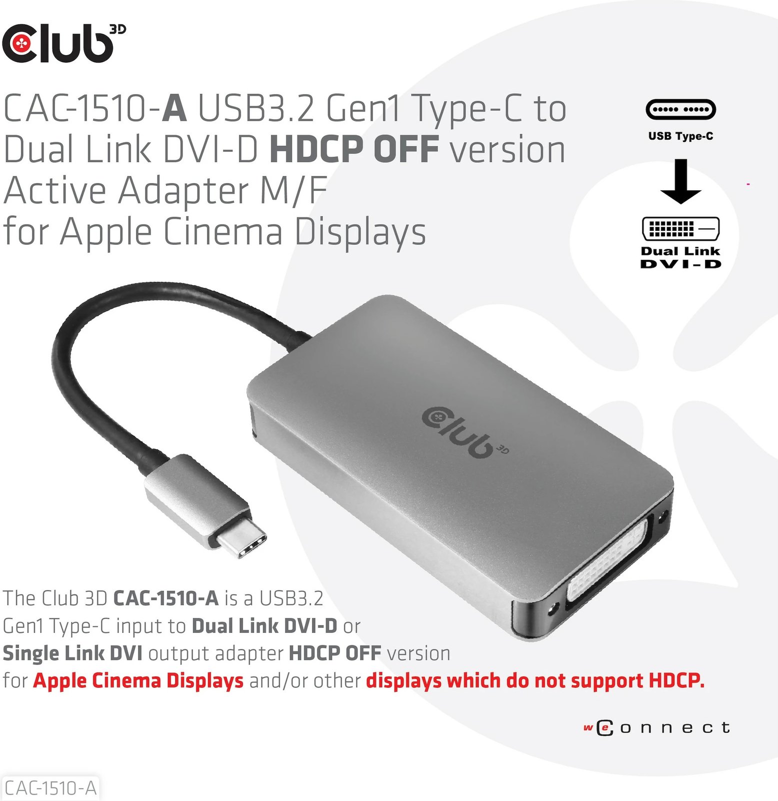 Adapter Club3D USB Type-C në DVI-D, Dual Link, 0.25m, gri