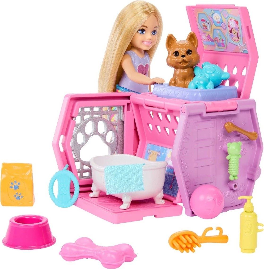 Set lodrash Barbie Chelsea Dog Transporter, Mattel, JDF89, me kukull Chelsea dhe qenush, shumë aksesorë, për vajza