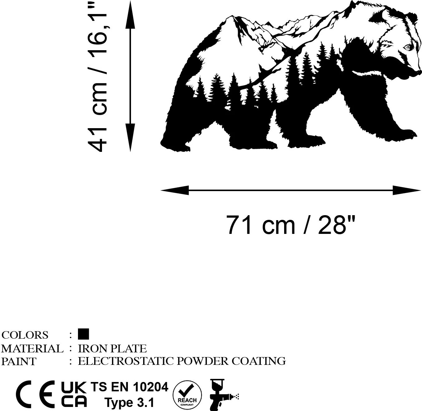 Aksesor dekorativ metalik për mur, Wallity Orso-1, ngjyrë e zezë, 71x41cm