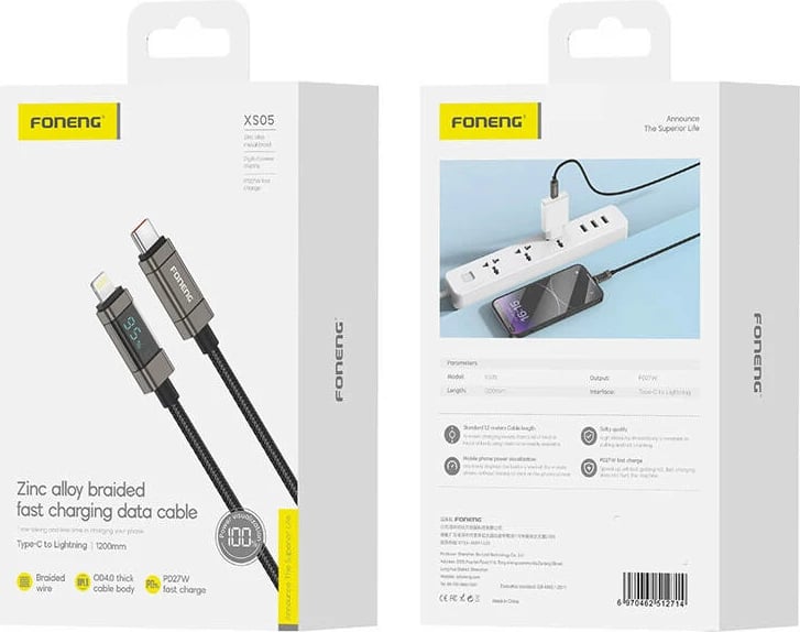 Kabllo USB-C në Lightning Foneng XS05, 1.2m, PD27W, e zezë
