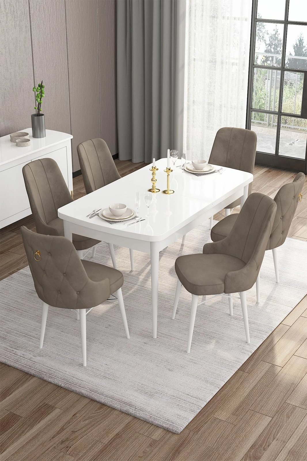 Tavolinë me karrige, zgjatshme, 7 copë, Skye Decor, e bardhë, kapuçino