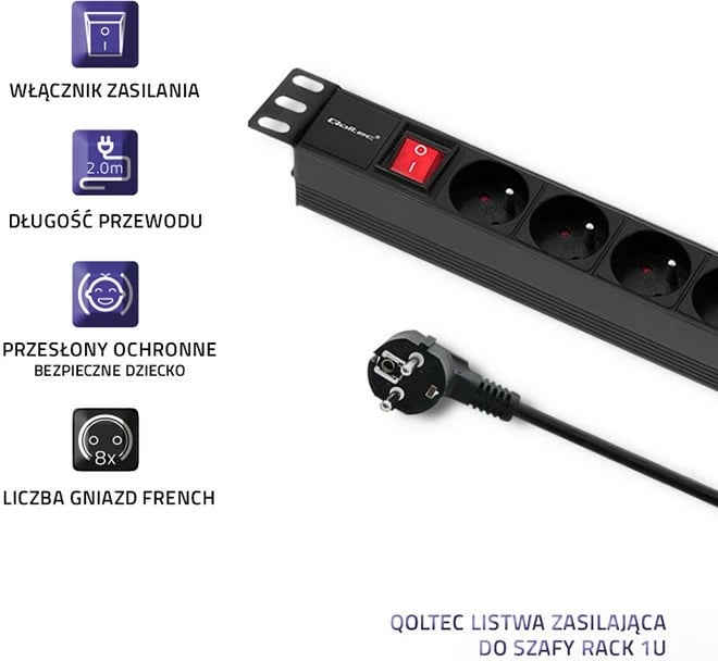 Prizë rack Qoltec 54471, 8x Type E, 1U, 16A, 2m, e zezë