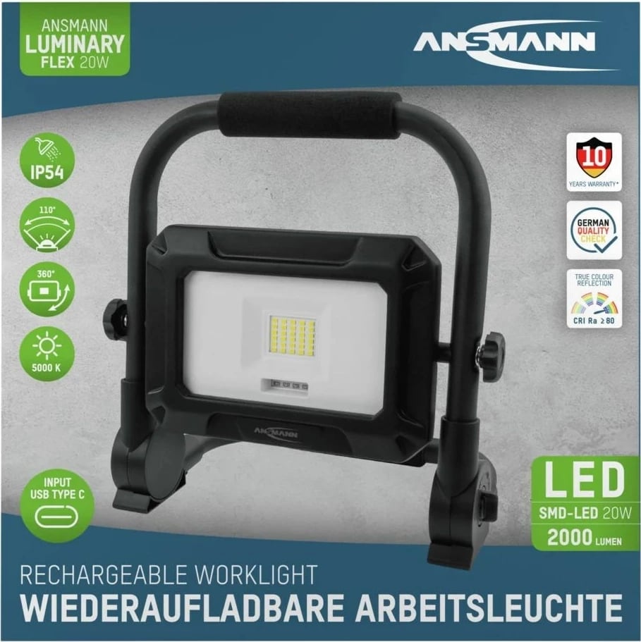 Llambë portabile ANSMANN FL20W-R, LED 20W, 4400 mAh, Alumini, e zezë