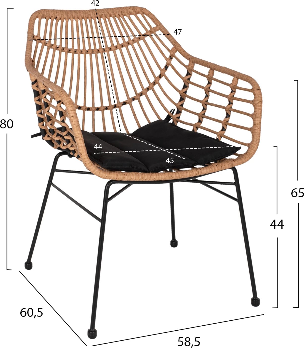 Karrige profesionale, metal i zi, rattan bezhë & jastëk, FH5864.01, 58.5x60.5x80 cm