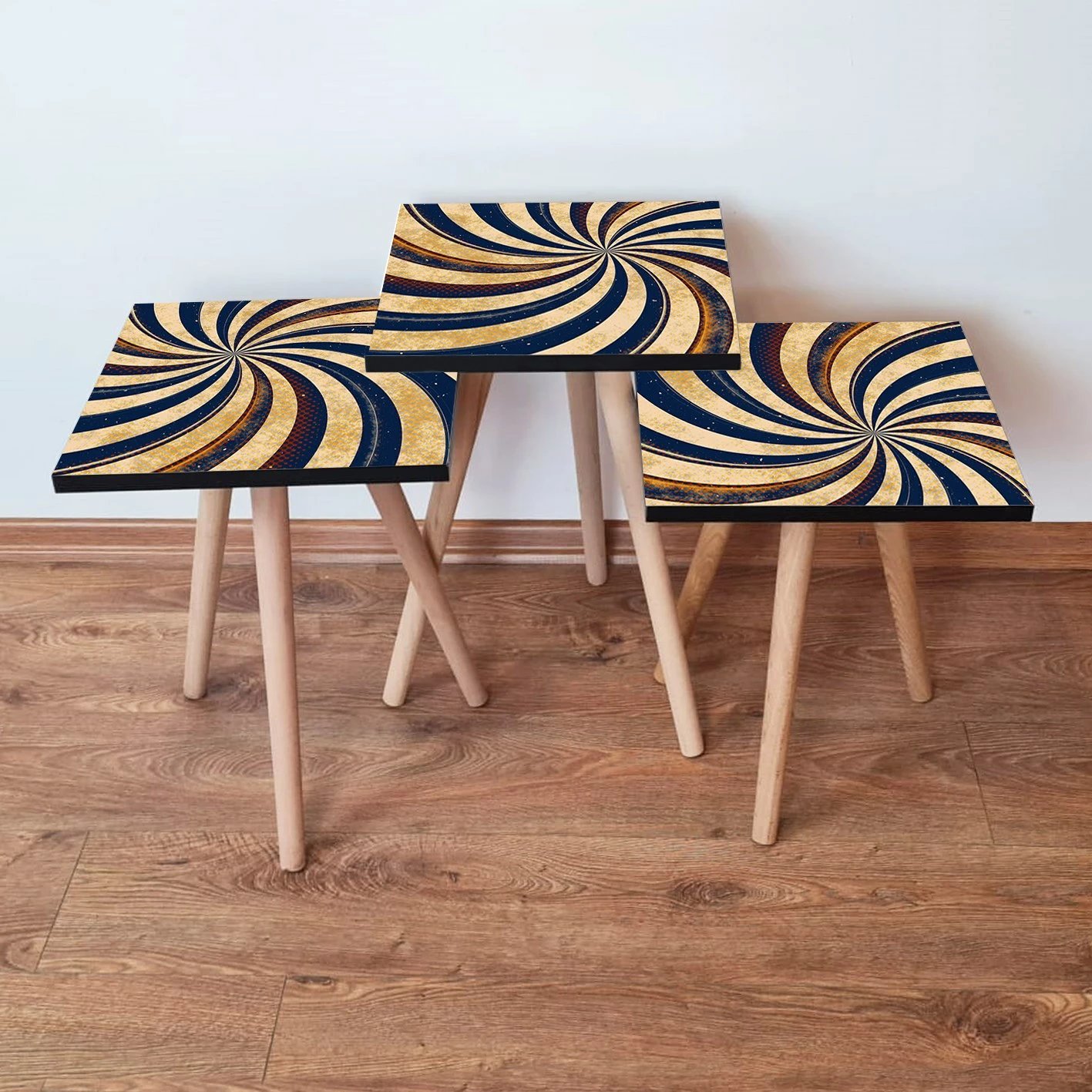 Set tavolinash ndihmëse, 3 copë, Skye Decor, 3Shp19, ngjyrë kaltër e errët, krem dhe portokalli