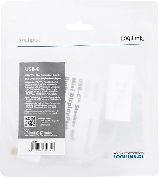 Adapter USB-C në mini DisplayPort LogiLink UA0360, 4K/60Hz, 0.15m, Bardhë