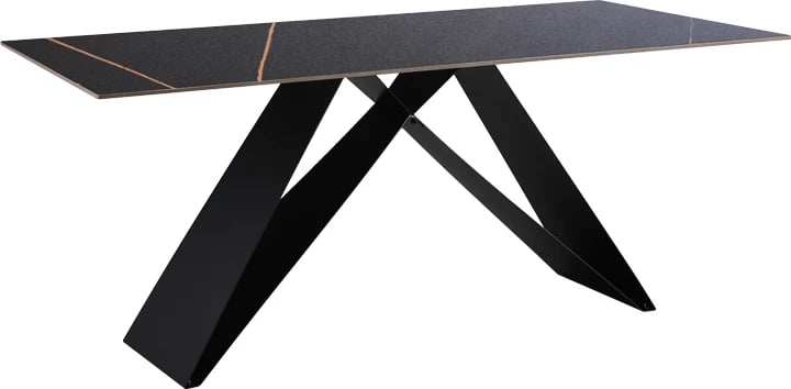 Tavolinë me sipërfaqe prej guri të sinterizuar, këmbë metalike, ngjyrë e zezë, 180x90x76cm