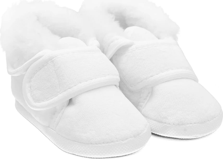 Papuçe bebe dimri New Baby, 0–3 muaj, shollë e hollë PVC pa BPA, lidhëse me velcro, për pagëzim, të bardha