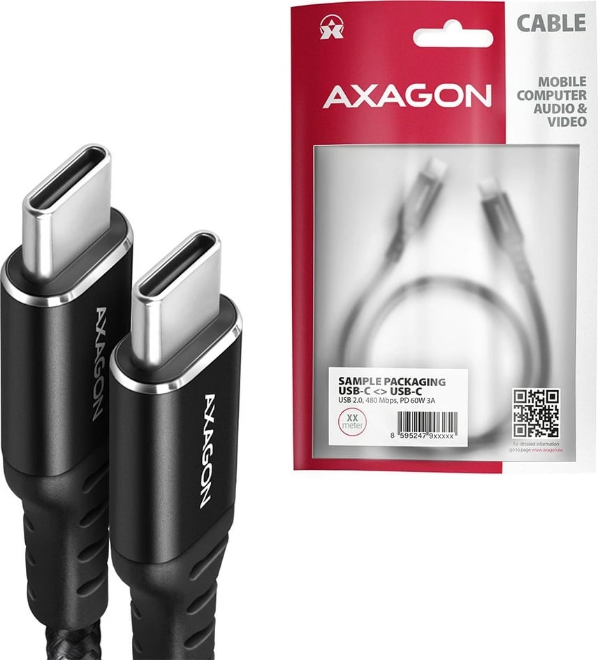 Kabllo USB-C në USB-C AXAGON BUCM-CM15AB, 1.5m, PD 60W, 3A, e zezë