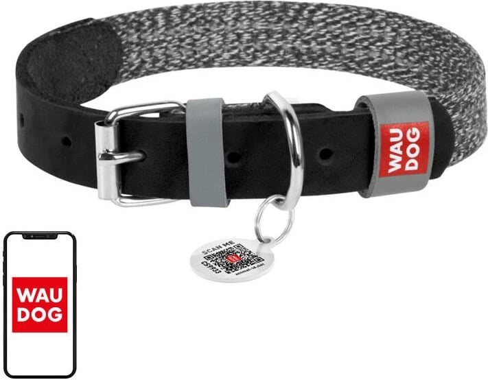 Qafore për qen Waudog, lëkurë natyrale dhe pambuk i ricikluar, me QR kod, L, 25 mm, e zezë