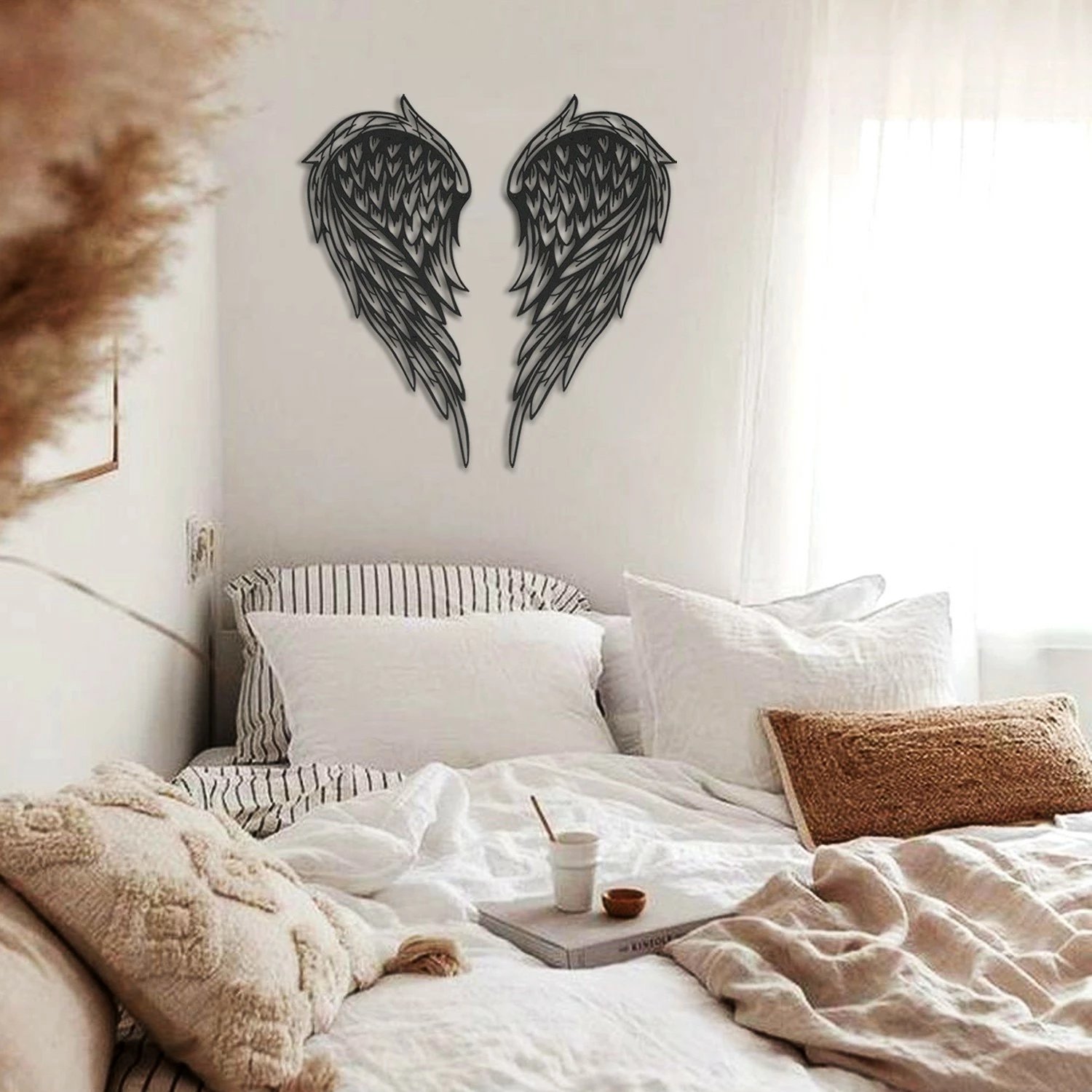 Aksesor muri dekorativ metalik, krahë engjëlli, Wallity, APT240SS, ngjyrë e zezë, 23x50cm