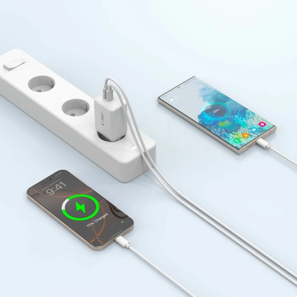 Karikues Tech-Protect NC45W-GAN me 2 porta USB-C, 45W, Bardhë