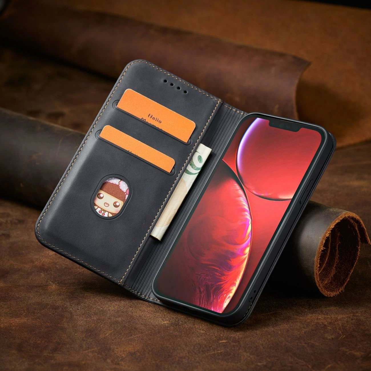 Mbështjellës Hurtel Magnet Fancy Case për iPhone 14 Pro, me kapak, xhepa për kartela dhe qëndrim, e zezë
