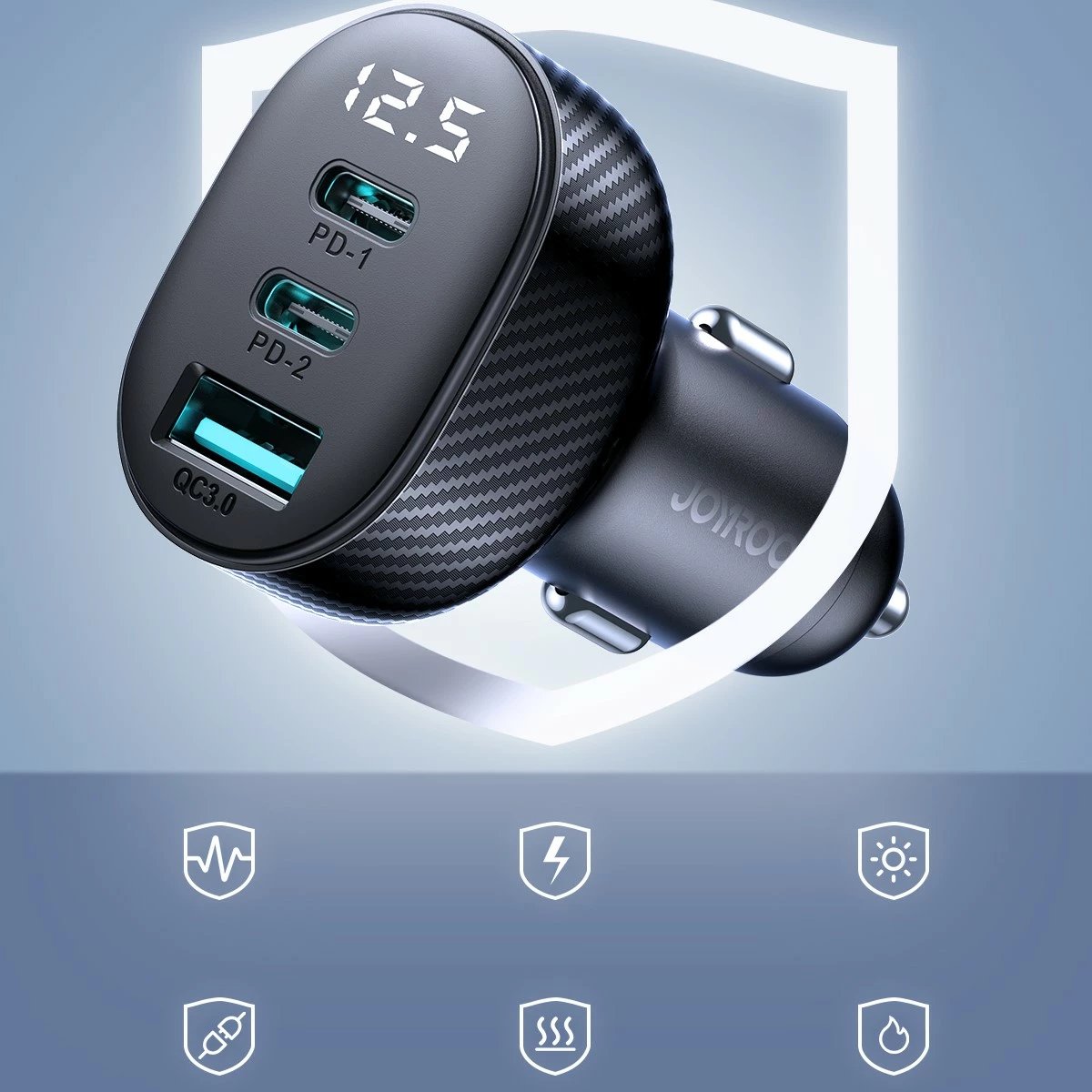 Karikues veture Joyroom JR-CCD04, 30W, 2x USB-C, USB-A, me ekran, i zi